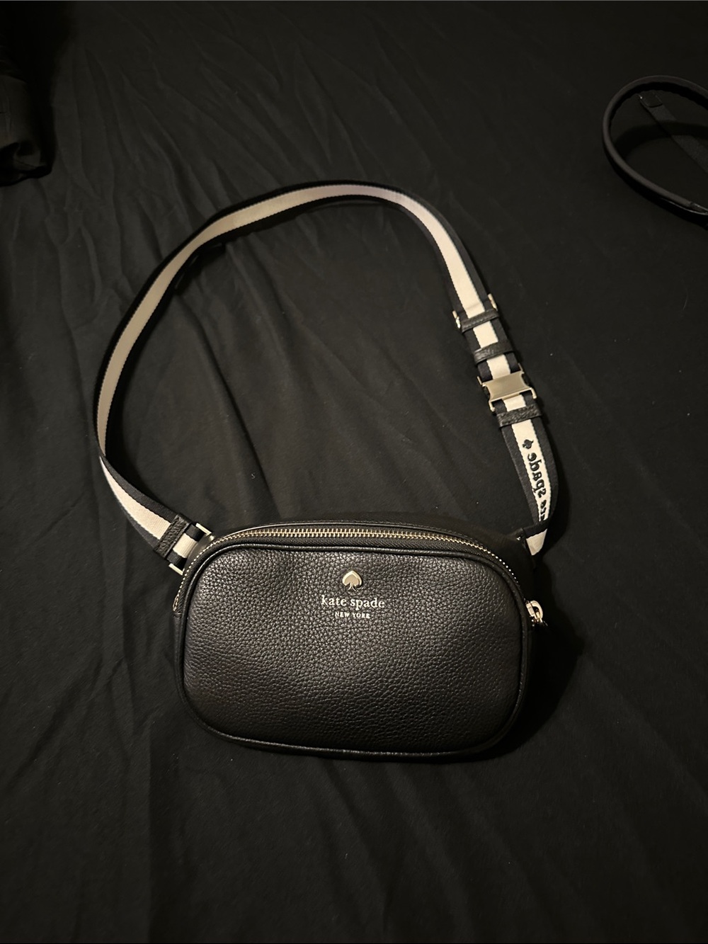 kate spade Black Pebbled Leather Crossbody Camera Bag with Stripe Strap